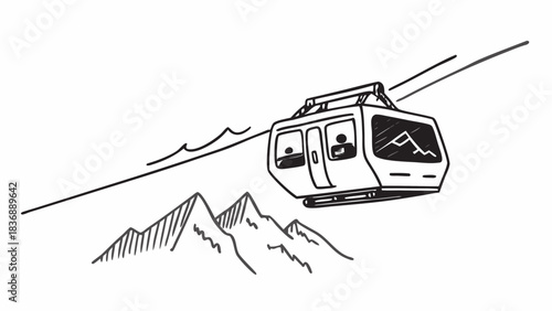 Illustration of a cable car with passengers moving over mountains on a cable line in black and white