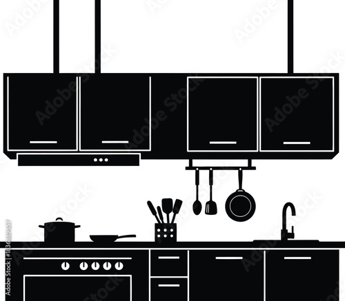 Minimalist kitchen silhouette with cabinets, sink, stove