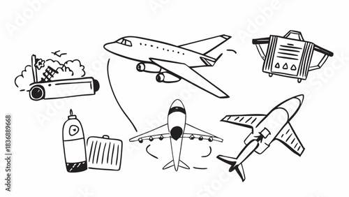 Doodle style illustration showcasing various airplanes, luggage, and travel related items in black and white