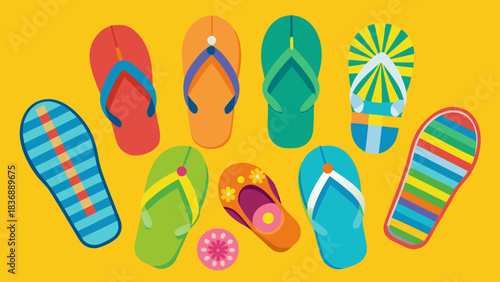 Illustration of colorful flip flops arranged on a yellow background for summer vacation vibes