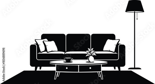 Black sofa with coffee table, lamp, and plant for interior decoration