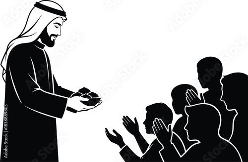 Generous Arab Man Giving Food to a Group of People in Need, Charity