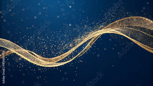 Minimal Gold Particle Swirl — flowing ribbon of micro gold dust forming abstract New Year motion trail on pure dark blue