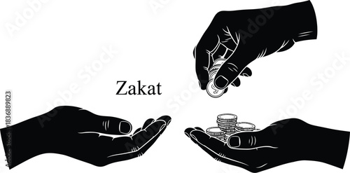 Zakat Illustration with Hands Giving and Receiving Coins, Charity Concept