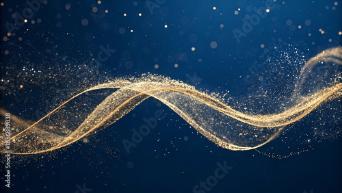 Minimal Gold Particle Swirl — flowing ribbon of micro gold dust forming abstract New Year motion trail on pure dark blue