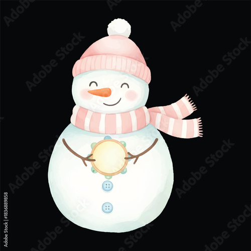 Cute snowman holding tambourine vector watercolor illustration, isolated winter cartoon
