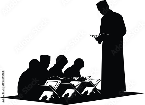 Islamic education with teacher and students reading, learning, studying