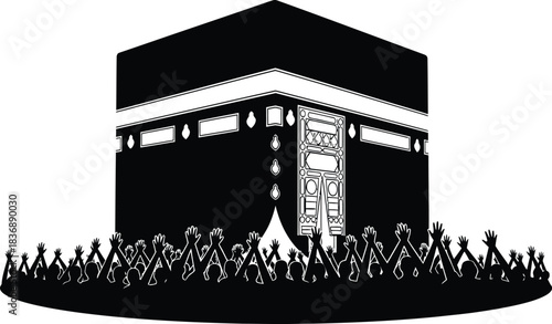 Black Kaaba with Praying People, Islamic Religious Symbol on Pilgrimage
