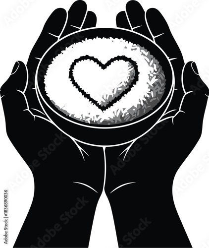 Rice bowl with heart held by hands, food donation and love concept