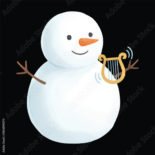 Cute snowman playing mini harp vector watercolor illustration, isolated winter cartoon
