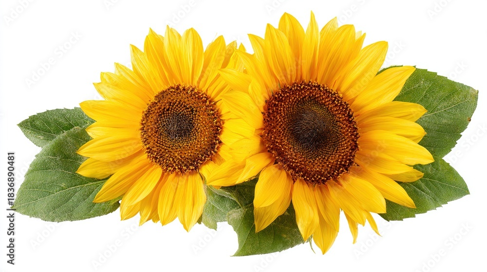 Obraz premium Two bright yellow sunflowers with green leaves on white background