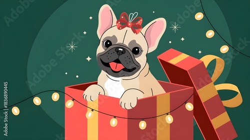 Joyful French Bulldog puppy wearing a festive bow pops out of a bright red Christmas present surprise