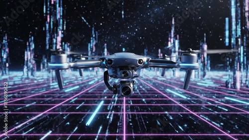 Advanced futuristic drone flying over a digital grid landscape with neon lights and stars in the background
