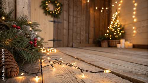 Rustic wooden texture lit by warm fairy lights, soft bokeh, cozy Christmas farmhouse style, natural details, simple composition for product display