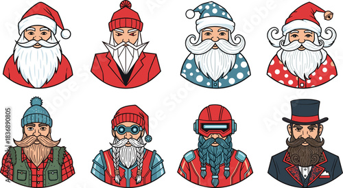 Eight Diverse Bearded Men Characters Including Santa Claus Variations and Modern Styles