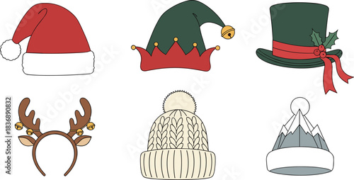Collection of six festive winter and holiday hats and headbands christmas hat santa hat