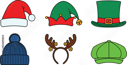 Collection of six festive hats and headbands including Santa hat elf hat green top hat blue knit beanie reindeer antlers and green cap
