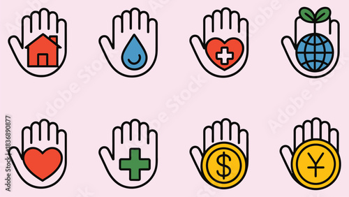 Hands holding various icons representing charity health money and environment
