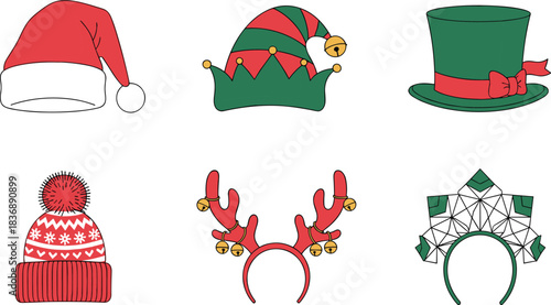 Collection of six Christmas themed hats and headbands santa hat elf hat
