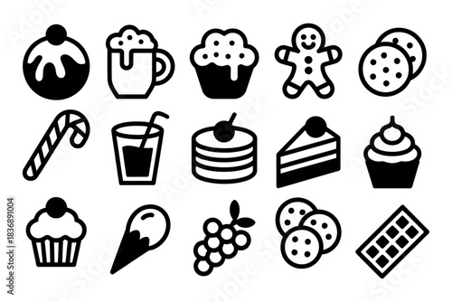 Sweet dessert and food vector icons set featuring cake, cookies, and drinks for bakery shop menu design