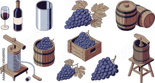 Isometric illustration of winemaking tools, grape harvest, wine barrels, presses, grape crates, and wine bottle with glass for vineyard production
