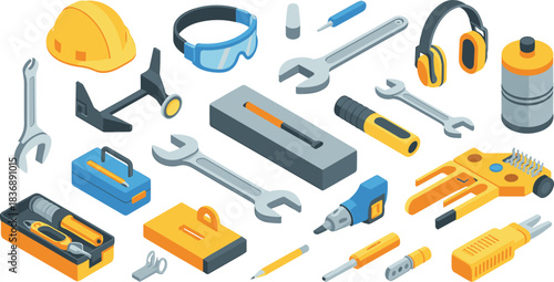 Isometric illustration of construction tools and safety equipment including hard hat, wrenches, toolboxes, safety glasses, pencils, tape, and work accessories
