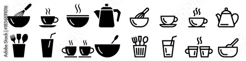 Kitchen cooking icons set with bowl cup and cutlery symbols for restaurant menu or food graphic design vector isolated