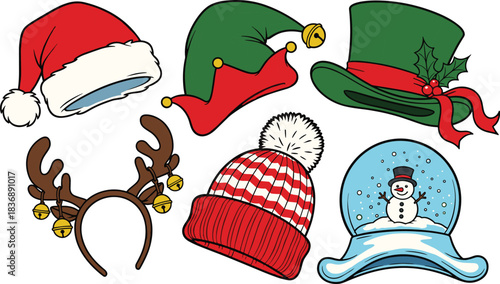 Collection of Christmas themed hats reindeer antlers and snow globe Santa hat elf hat