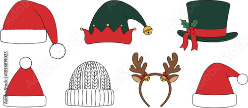 Collection of Christmas themed hats including Santa hats elf hat top hat and reindeer antlers