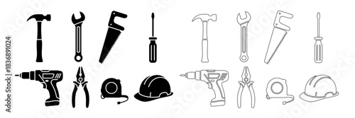 Construction tools icons set with silhouette and outline style for handyman repair service vector illustration