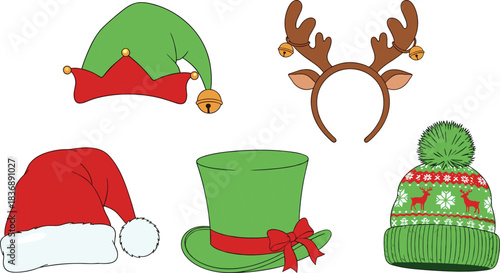 Collection of Christmas themed hats and reindeer antlers on white background santa hat