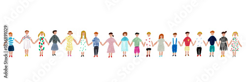 手描きイラスト　横一列に手をつなぐたくさんの子供たち