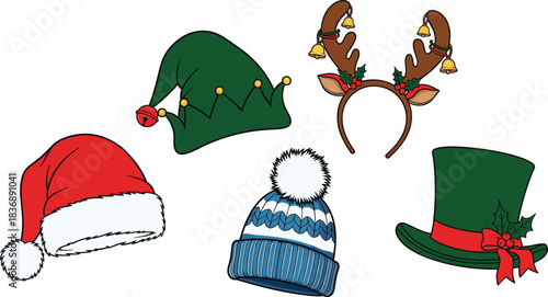 Collection of Christmas hats and reindeer antlers with bells santa hat elf hat