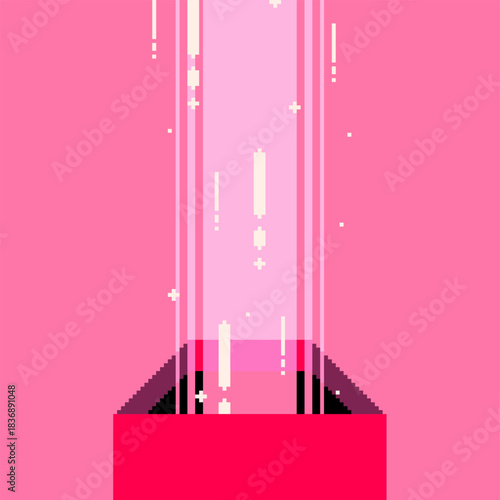 Opened Red Gift Box with Light Flowing up in Glitters and Speed lInes, Pixel Art Style Illustration