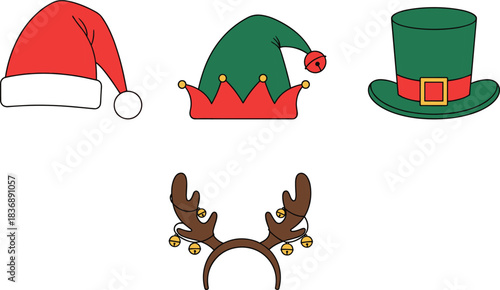 Collection of Christmas and holiday themed hats and reindeer antlers christmas hat