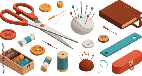 Isometric illustration of sewing and crafting tools including scissors, needles, thread spools, buttons, ruler, pin cushion, notebook and accessories