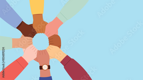 Diverse group of hands forming circle showing unity and teamwork
