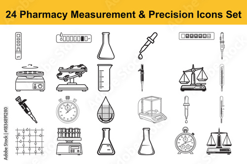 24 pharmacy measurement and precision icons set for laboratory experiments and scientific research illustration