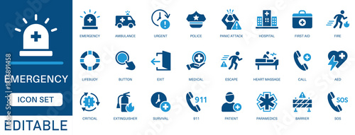Emergency icon set. featuring ambulance, call, police, medical, emergency exit, hospital, lifebuoy, first aid, Urgent and more icons. perfect vector icon collection.