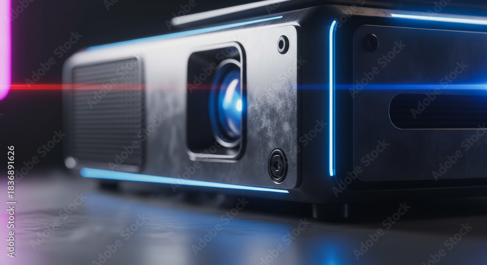 Fototapeta premium Close-up shot of a modern, sleek projector with captivating light effects, perfectly illuminating its advanced technology. 