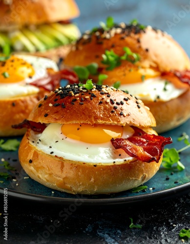 Close-up shot of delicious breakfast sandwiches with sunny-side-up eggs, crispy bacon, and toasted buns. Garnished with sesame seeds and herbs