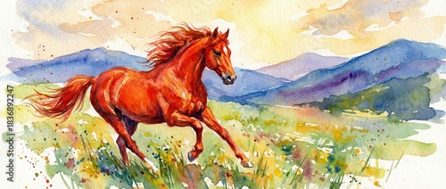 Running brown horse in a vibrant meadow with mountains in background  