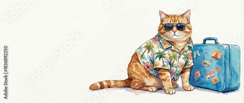 Cat in sunglasses wearing a Hawaiian shirt beside a suitcase  