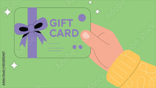 Hand holding gift card with ribbon in simple colorful illustration
