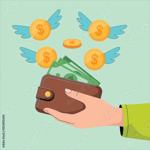 Wallet with flying money and coins showing financial loss concept
