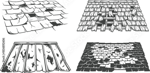 Damaged Roof Shingles Vector Illustration on White Background