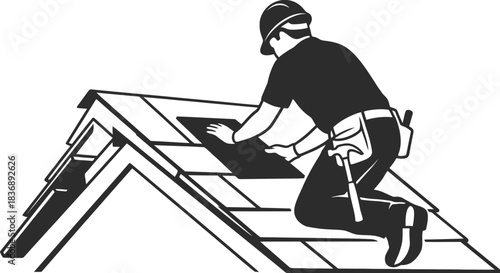 Roofing worker installing material on a house roof
