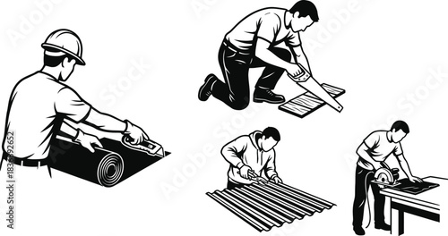 Worker cuts roofing material vector illustration on white background.