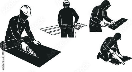 Worker cuts roofing material vector illustration on white background.