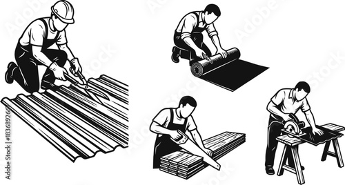 Worker cuts roofing material vector illustration on white background.